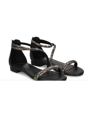 Bibi Lou Crystal Embellished Gladiator Flat Sandals Black Size 41 / 10 LKNW